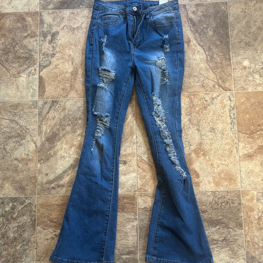 SHEIN Blue Distressed Flare Jeans